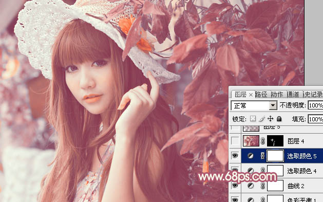 Photoshop将树叶下的美女图片增加上甜美的橙色效果