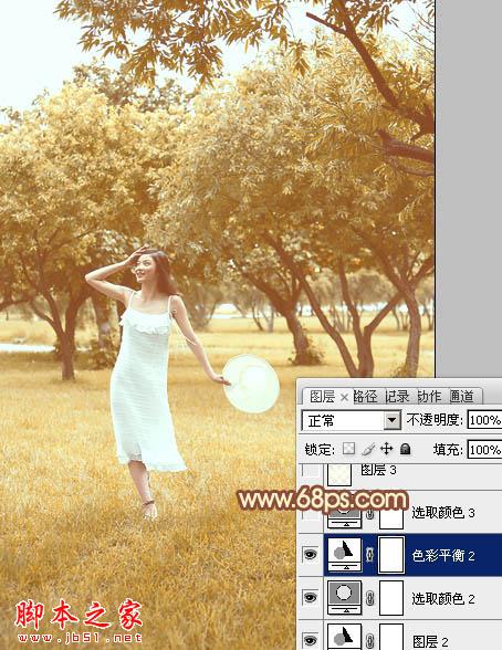Photoshop将草地树林人物图片打造唯美的秋季淡黄色