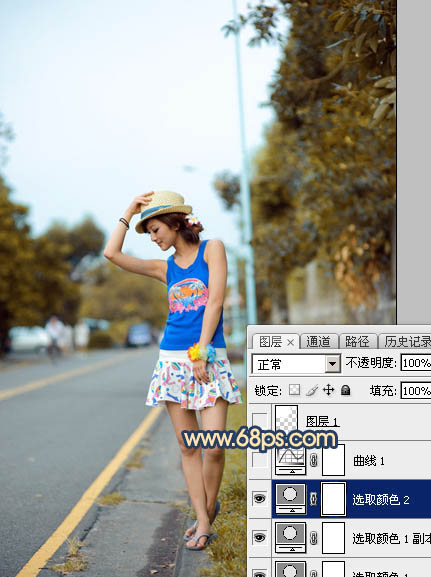 Photoshop调出昏暗的霞光公路上的美女图片