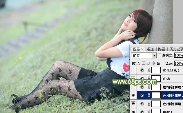 Photoshop给夏季草地上的美女加上唯美的韩系淡绿色