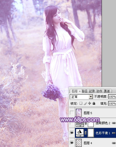 Photoshop将草地美女图片增加上梦幻的粉调蓝紫色效果