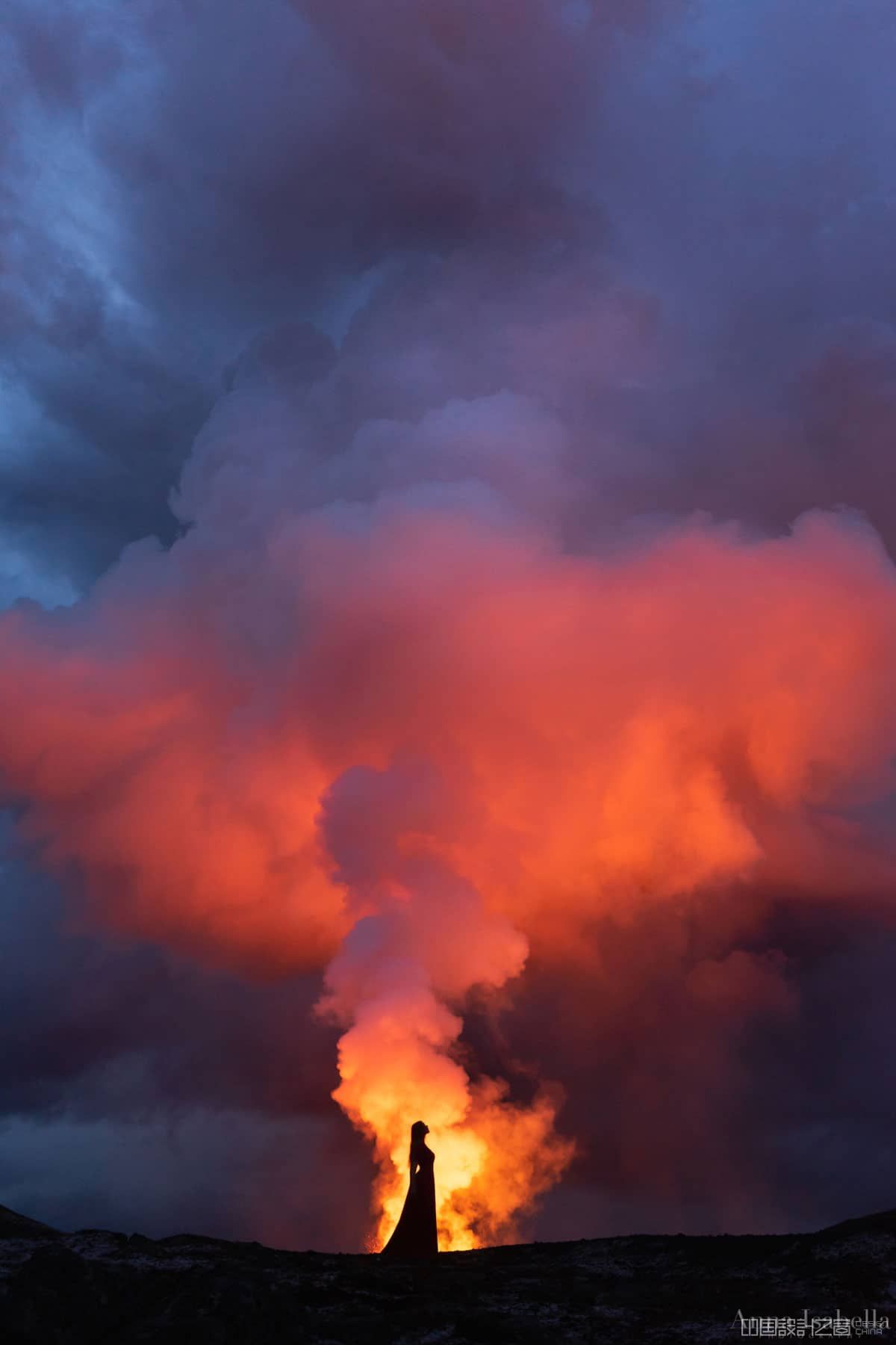 Woman Posing in front of Smoke From Erupting Volcano