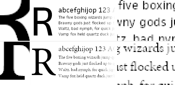 Above: GDI rendering of FacitWeb (above) and Minion Pro (below) with Standard antialiasing.