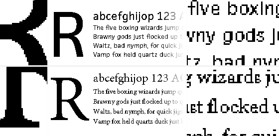 Above: GDI rendering of FacitWeb (above) and Minion Pro (below) with no antialiasing.