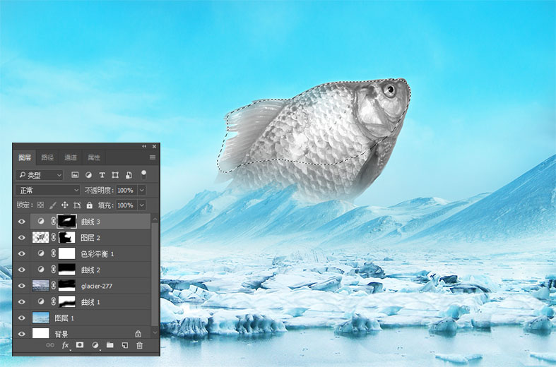 PS教程!如何合成跳出冰面的冰冻鱼