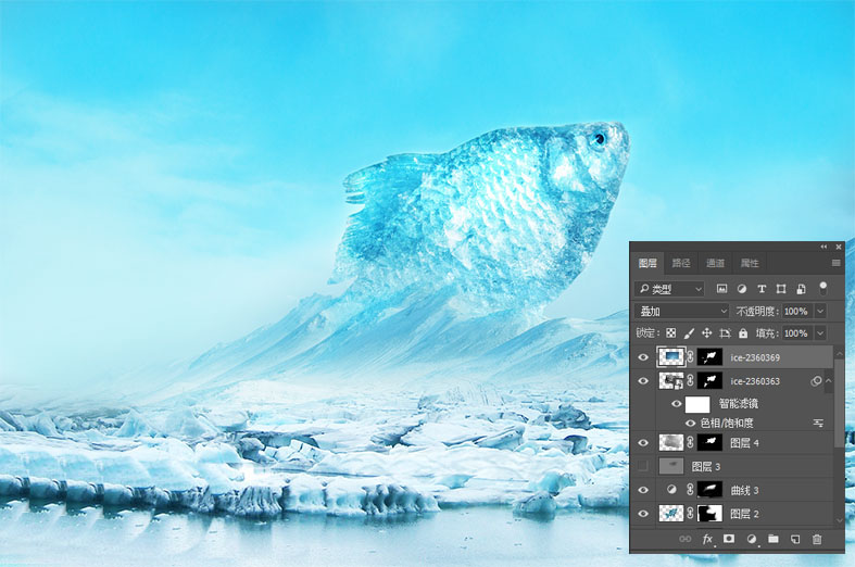 PS教程!如何合成跳出冰面的冰冻鱼