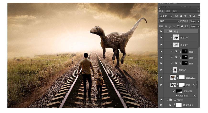 用PS合成火车轨道上拦住父子两人的巨型恐龙海报教程