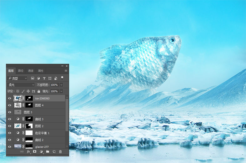 PS教程!如何合成跳出冰面的冰冻鱼