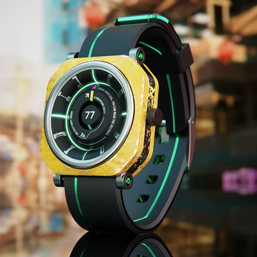 受《赛博朋克2077》游戏启发的赛博朋克武士概念手表 