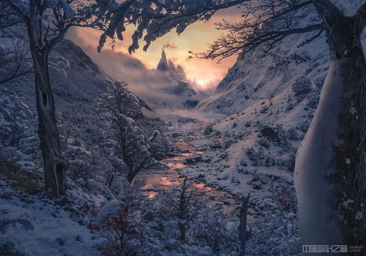 Winter Landscape with Sun Shining