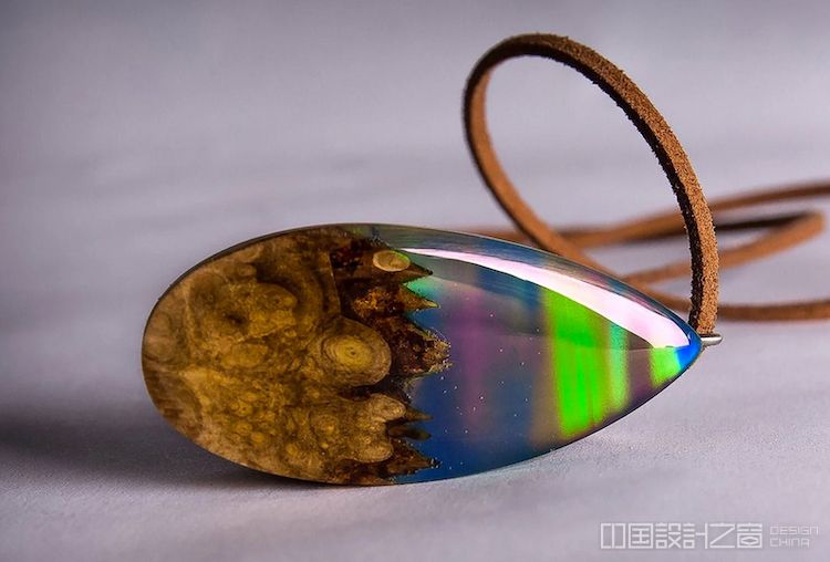 Wood and Resin Aurora Borealis Necklace Pendant