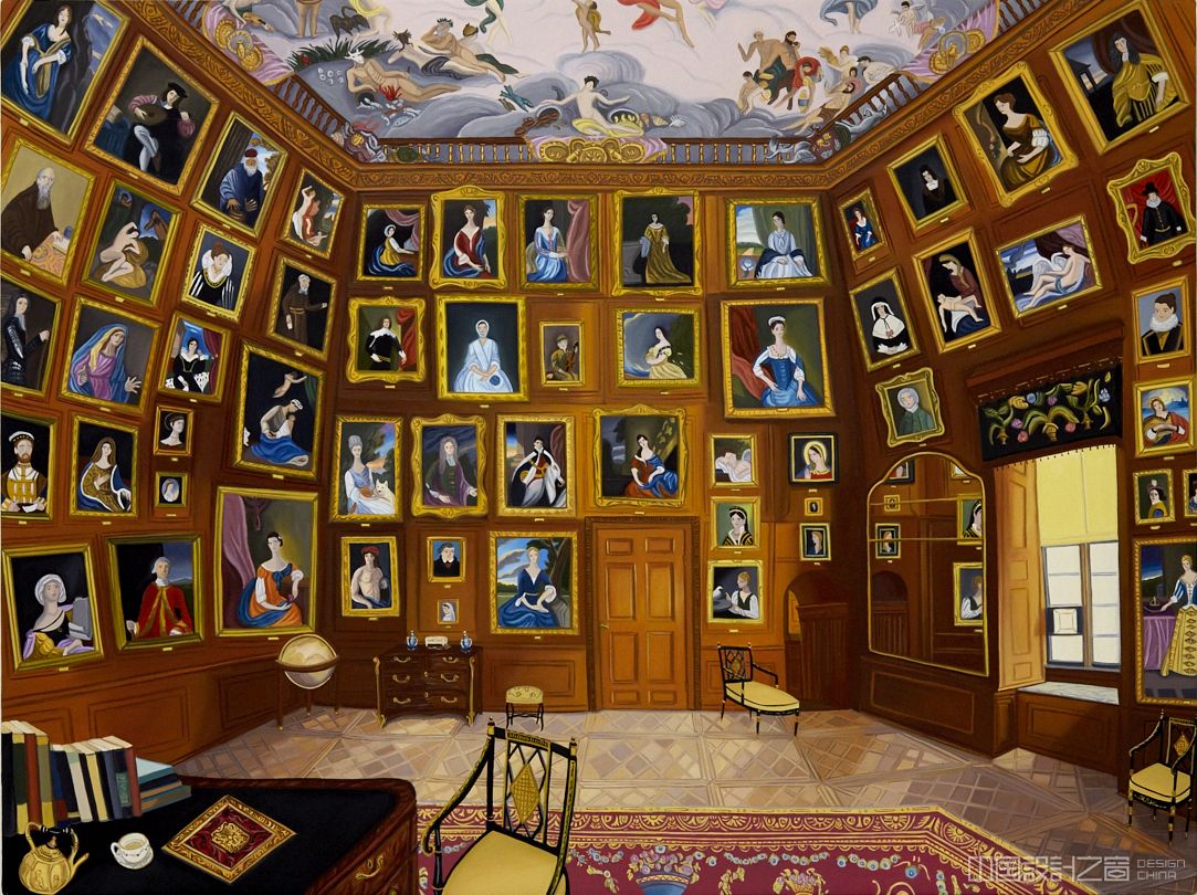 A colorful painting of a historic interior with dozens of paintings.