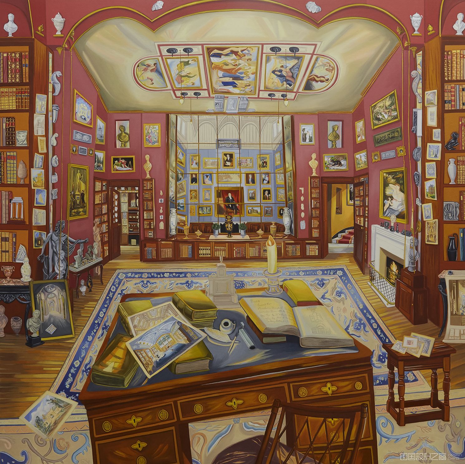 A colorful painting of a historic interior with dozens of paintings.