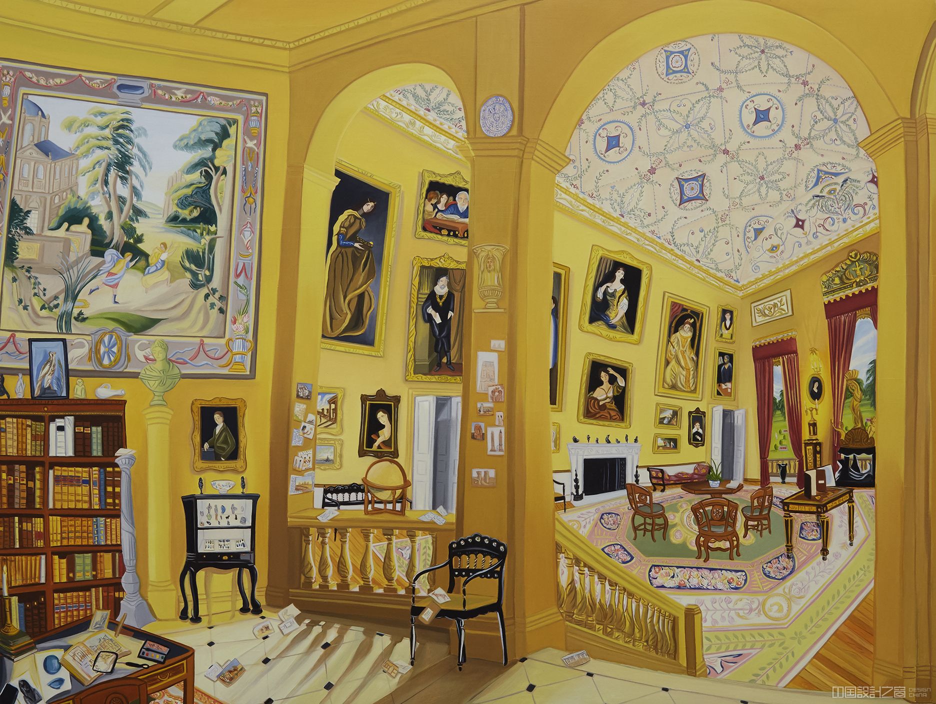 A colorful painting of a historic interior with dozens of paintings.