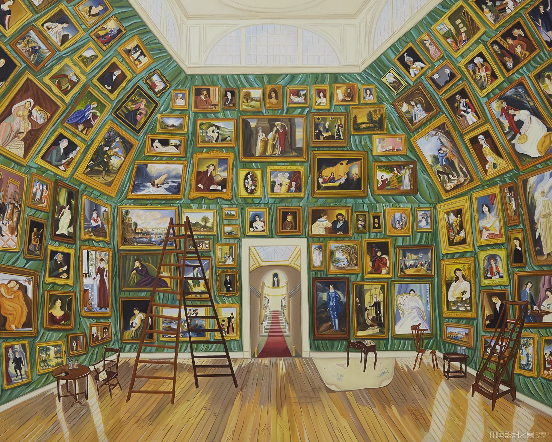 A colorful painting of a historic interior with dozens of paintings.