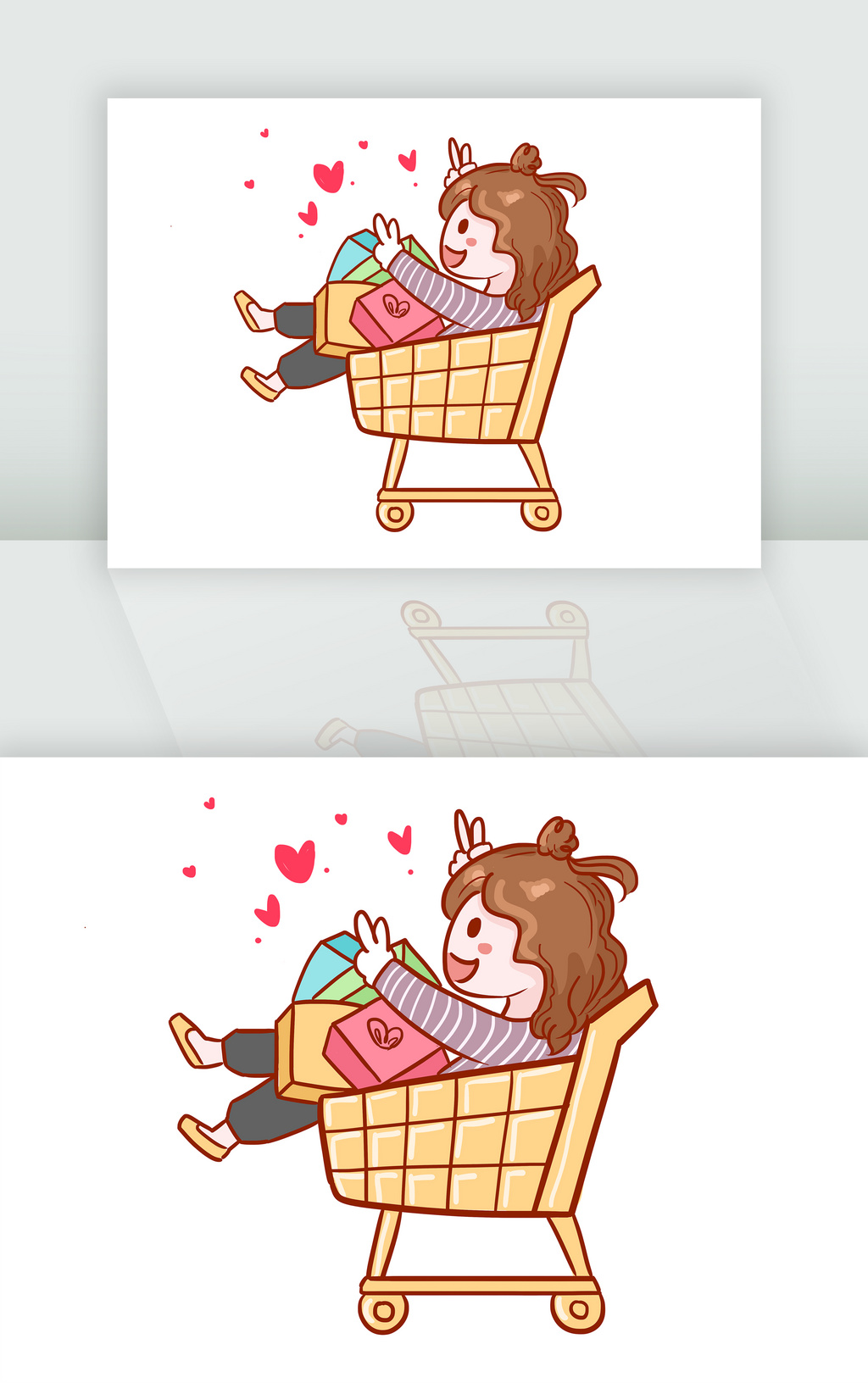 手绘卡通女孩坐在购物车上双十一狂欢购物节插画