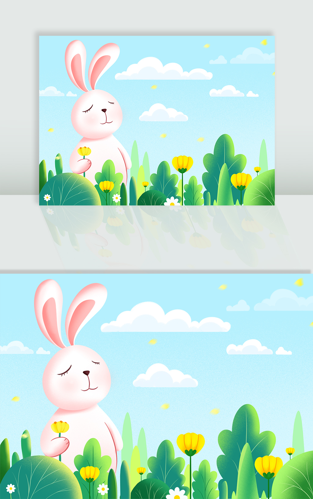 卡通兔子和花草植物插画背景 