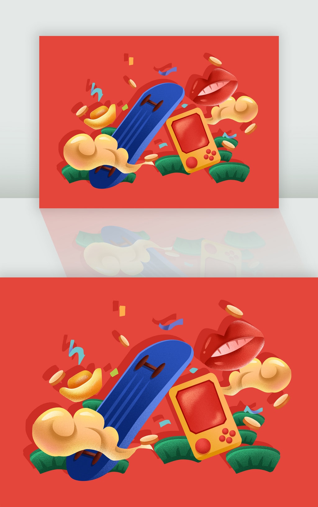 双十二潮流玩具滑板游戏机插画