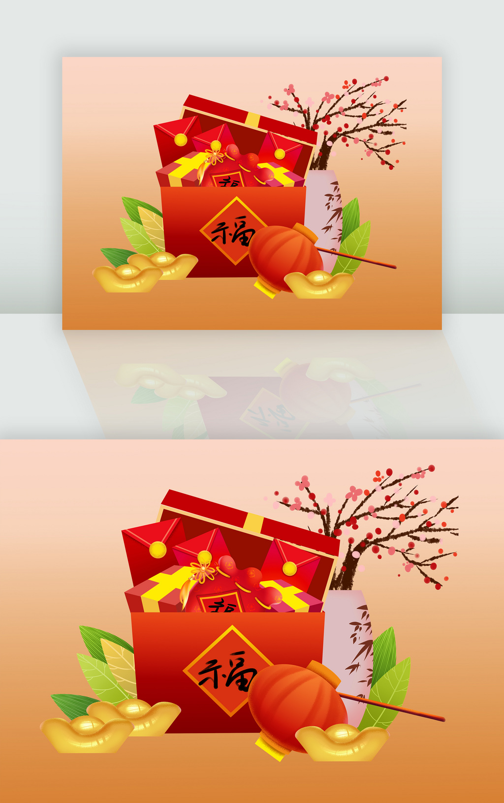手绘春节聚宝盒红白福袋插画