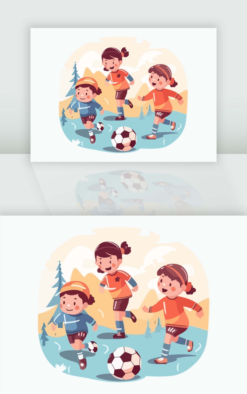 三个小朋友在草地一起踢足球插画