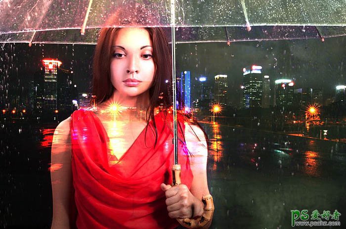 PS美女图片合成教程：打造璀璨雨夜中独自行走的少女，雨中漫步