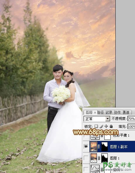 photoshop调出柔美的霞光情侣婚纱照特效