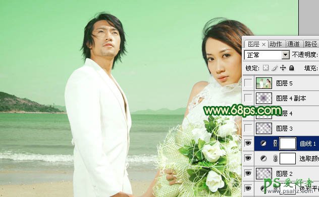 photoshop调出嫩绿色海景情侣婚纱照