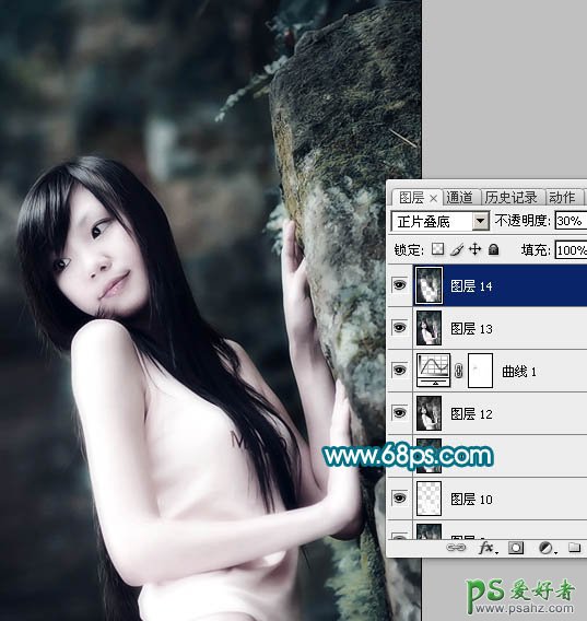 photoshop调出暗灰青色调美体少女写真照