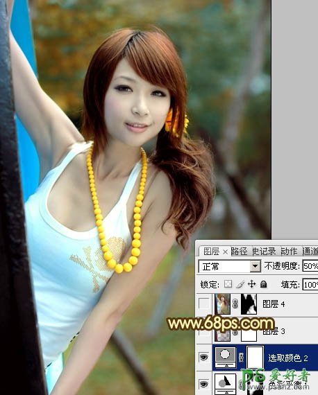 photoshop调出甜美的青黄色性感MM公园生活写真图片