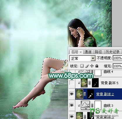 Photoshop给湖景边自拍的甜美女孩儿性感照片调出唯美的青绿色效