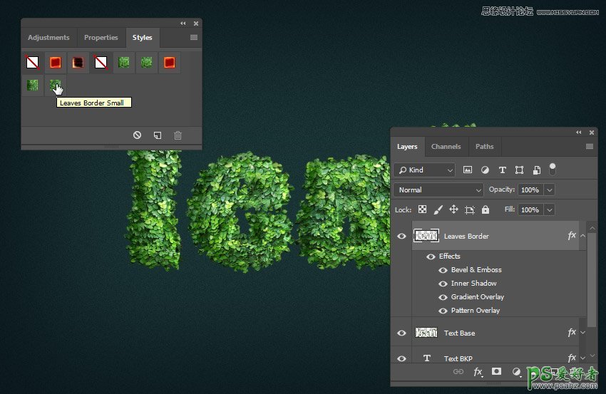 PS字效设计实例：利用图层样式制作绿叶装饰效果的艺术字效。