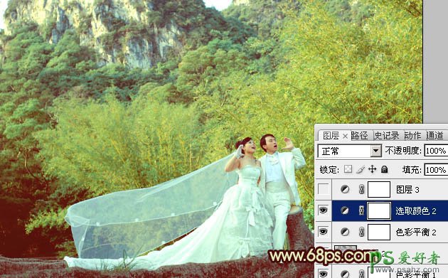 photoshop调出粉嫩的黄绿色情侣婚纱写真照