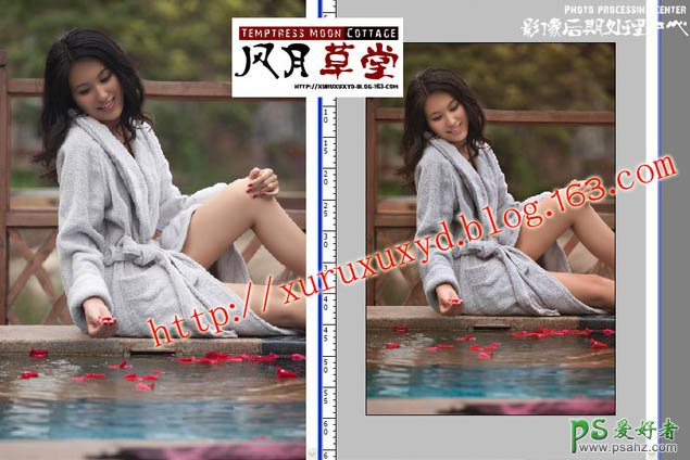 photoshop给浴池边的性感美女照调出暗调橙黄色