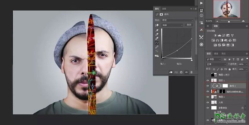 PS人物合成教程实例：创意打造一个被劈开的人物头像特效图片。