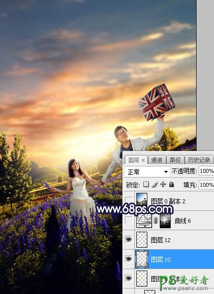 Photoshop给薰衣草花海中拍摄的情侣婚纱照调出绚丽的霞光色