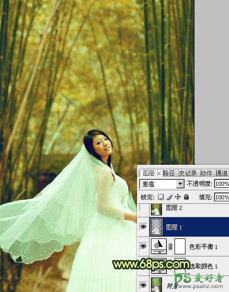 PS调色教程：给漂亮的竹林婚片少女写真照调出古典黄绿色