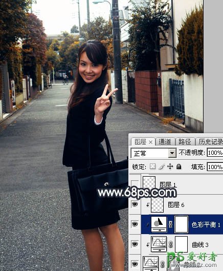 PS美女照片调色：给乡间小路上自拍的唯美美女写真照调出晨曦色