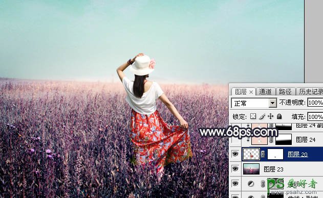 Photoshop给小清新唯美的草原女生写真图片调出清爽的青紫色效果