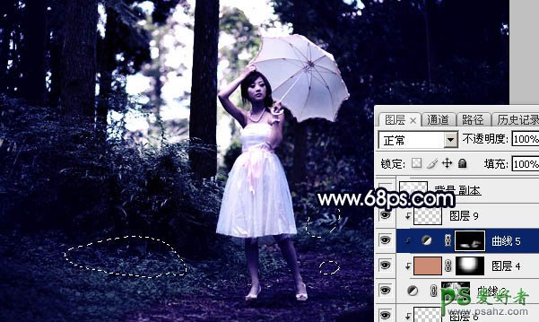 Photoshop给绿色树林中自拍的美女风光照片调出暗夜霞光色调