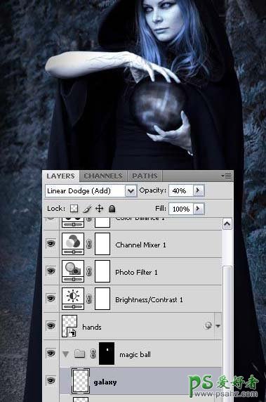photoshop创意合成黑夜里使用魔法球的女巫形象
