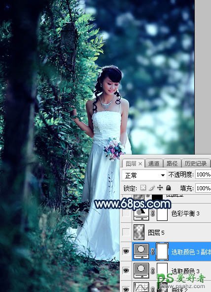 Photoshop婚片调色：给树林中私拍漂亮女女婚纱照调出唯美的青蓝