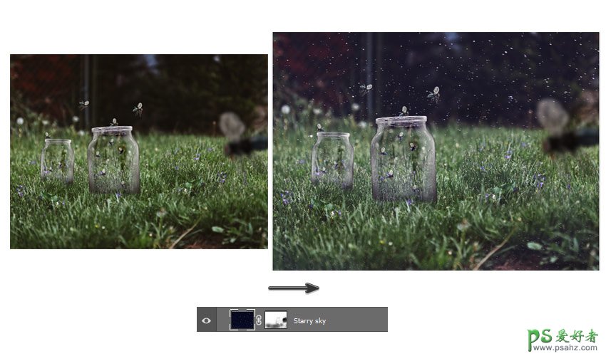 国外ps合成实例：创意打造草地上飞舞的唯美萤火虫美景，浪漫星空