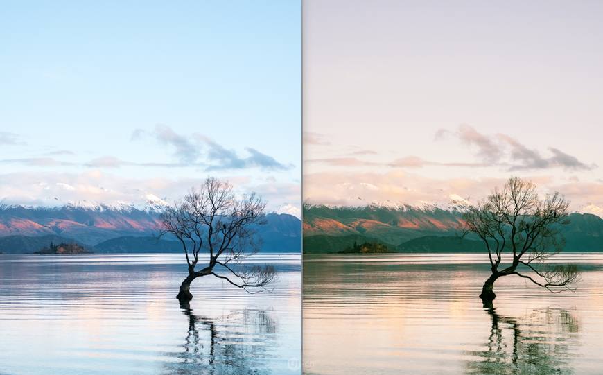 PS调色教程：给湖景风光照片调出唯美夕阳效果,夕阳美景。