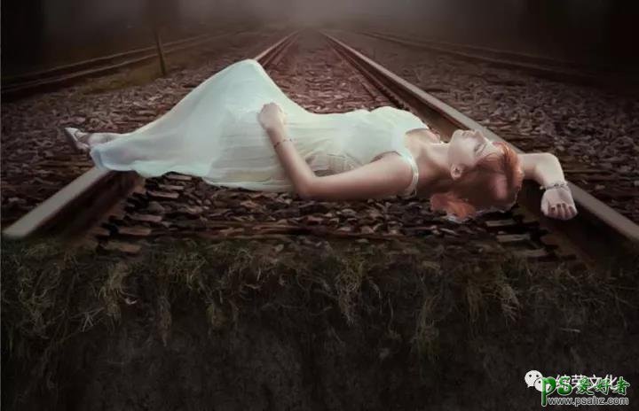 PS合成童话世界里长发公主少女趟在铁轨上拍摄的唯美意境写真图片