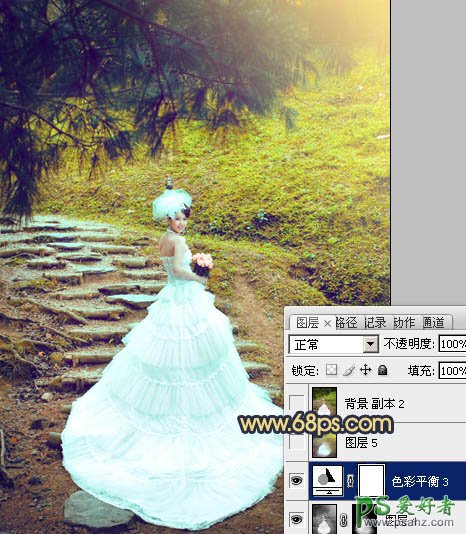 photoshop调出清爽的黄绿色外景少女婚纱艺术照