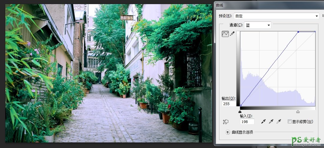 PS调色教程：给栽满盆景的街道照片调出青色为主的日系小清新风格