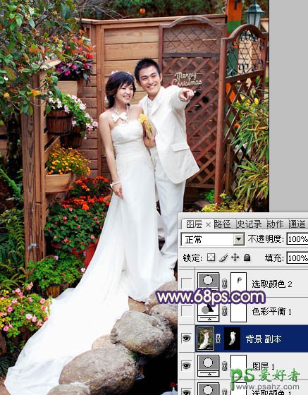 photoshop调出甜美的暖红色园林情侣婚片