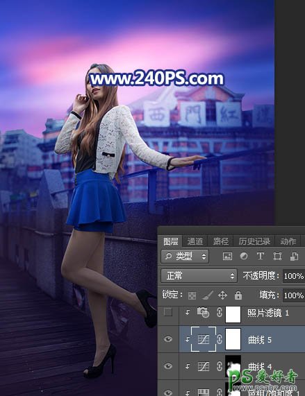 Photoshop给长腿美女模特外景照片调出蓝紫色霞光色彩。