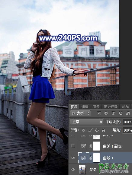 Photoshop给长腿美女模特外景照片调出蓝紫色霞光色彩。