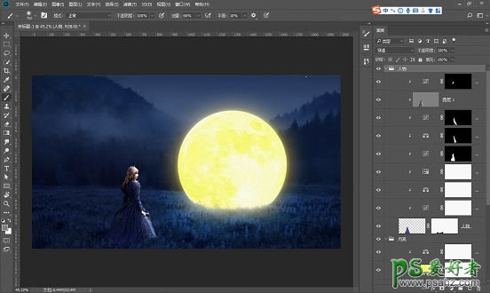 PS人像合成教程：打造童话世界里小女孩儿与月亮对话的梦幻场景。